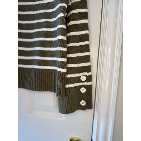Talbots Olive Green White Striped Bateau Neck Cotton Sweater Size NWOT - Picture 3 of 7